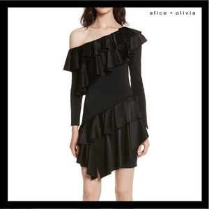 NEW ALICE + OLIVIA BLACK ONE SHOULDER RUFFLE MINI DRESS